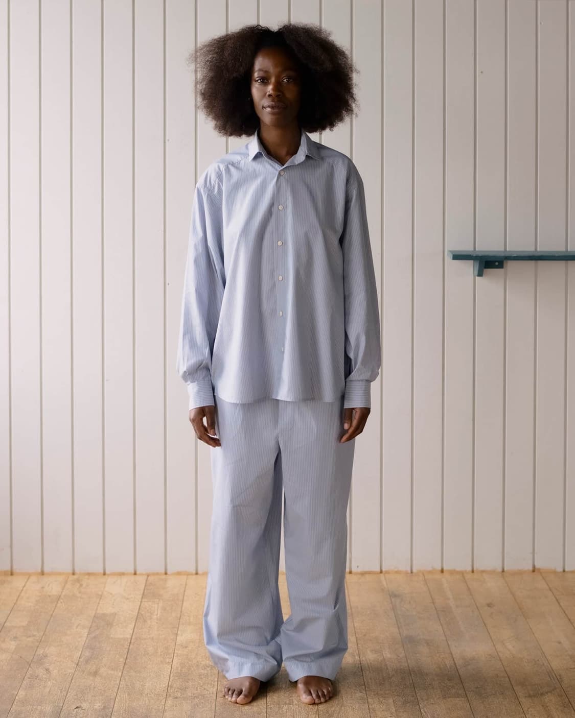 [XS,S,M]베이스레인지 Claude 오가닉 스트라이프 셔츠/블루 상품이미지4