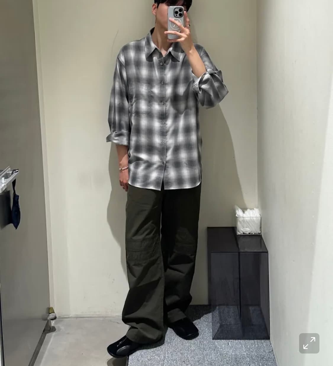 인사일런스 오버핏 체크 셔츠 GREY BLUE L사이즈 상품이미지4