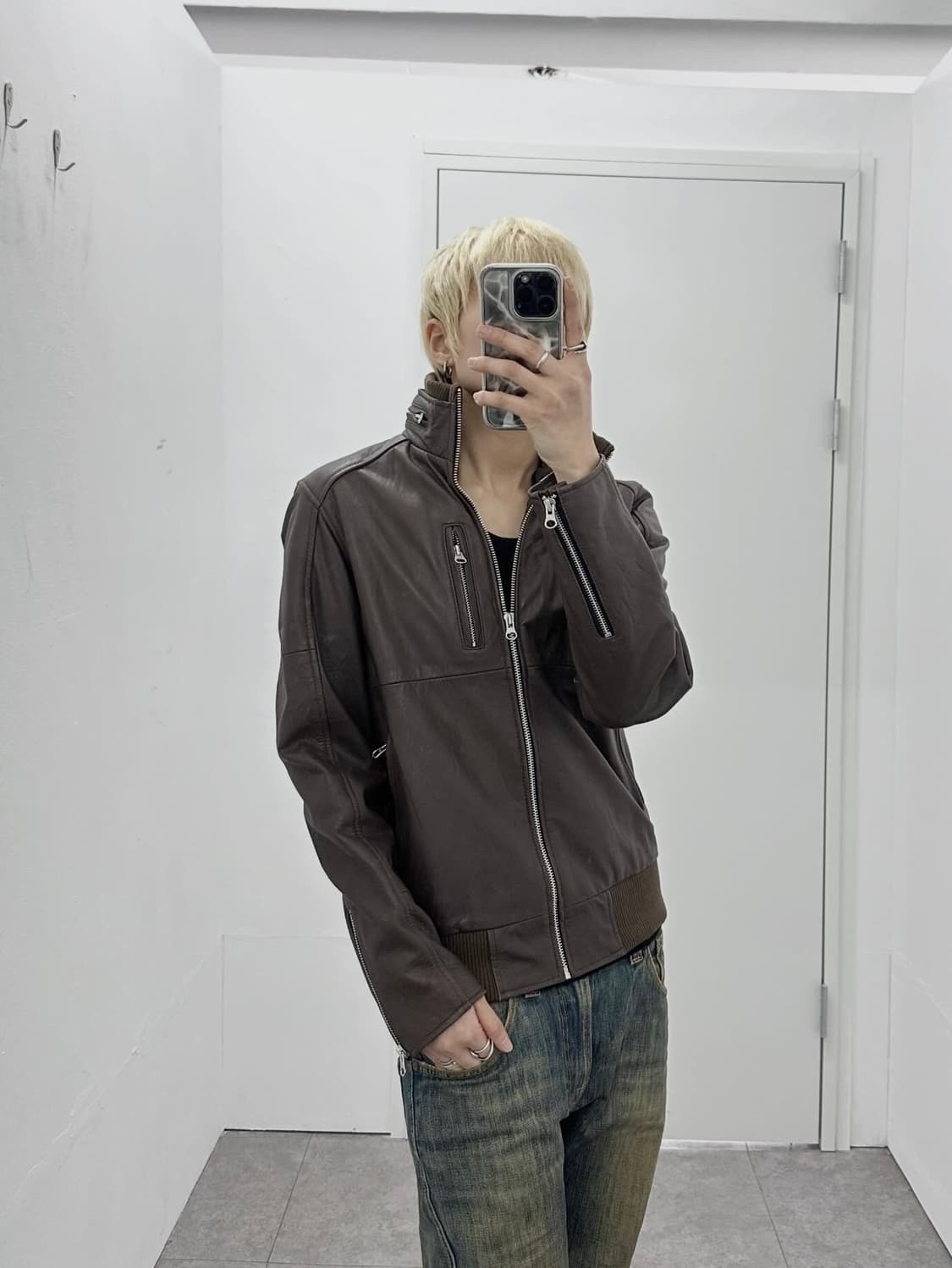 KMK Ribbed High-Neck Lambskin Zip Jacket 상품이미지1