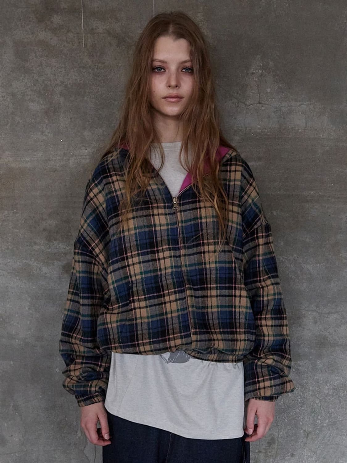 익스파이어드걸 체크 후디 집업 시나몬 상품이미지2