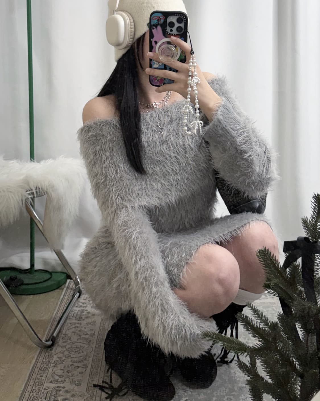 그레이 퍼 오프숄더 니트 원피스 상품이미지1