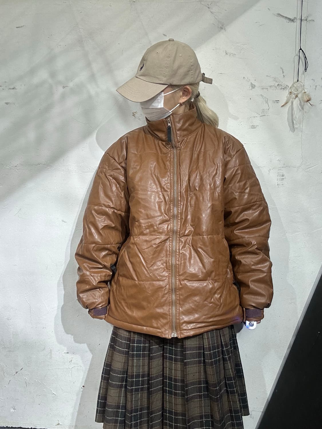 일본 빈티지 브라운 레더 비건 레더 푸퍼 패딩 M 상품이미지2