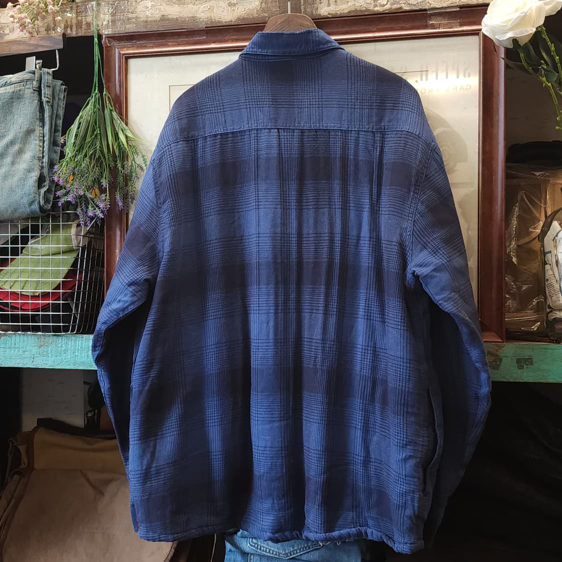 00s 랭글러 웨스턴 셔츠 플란넬 체크셔츠 쉐르파 양털 자켓 블루 L 상품이미지3