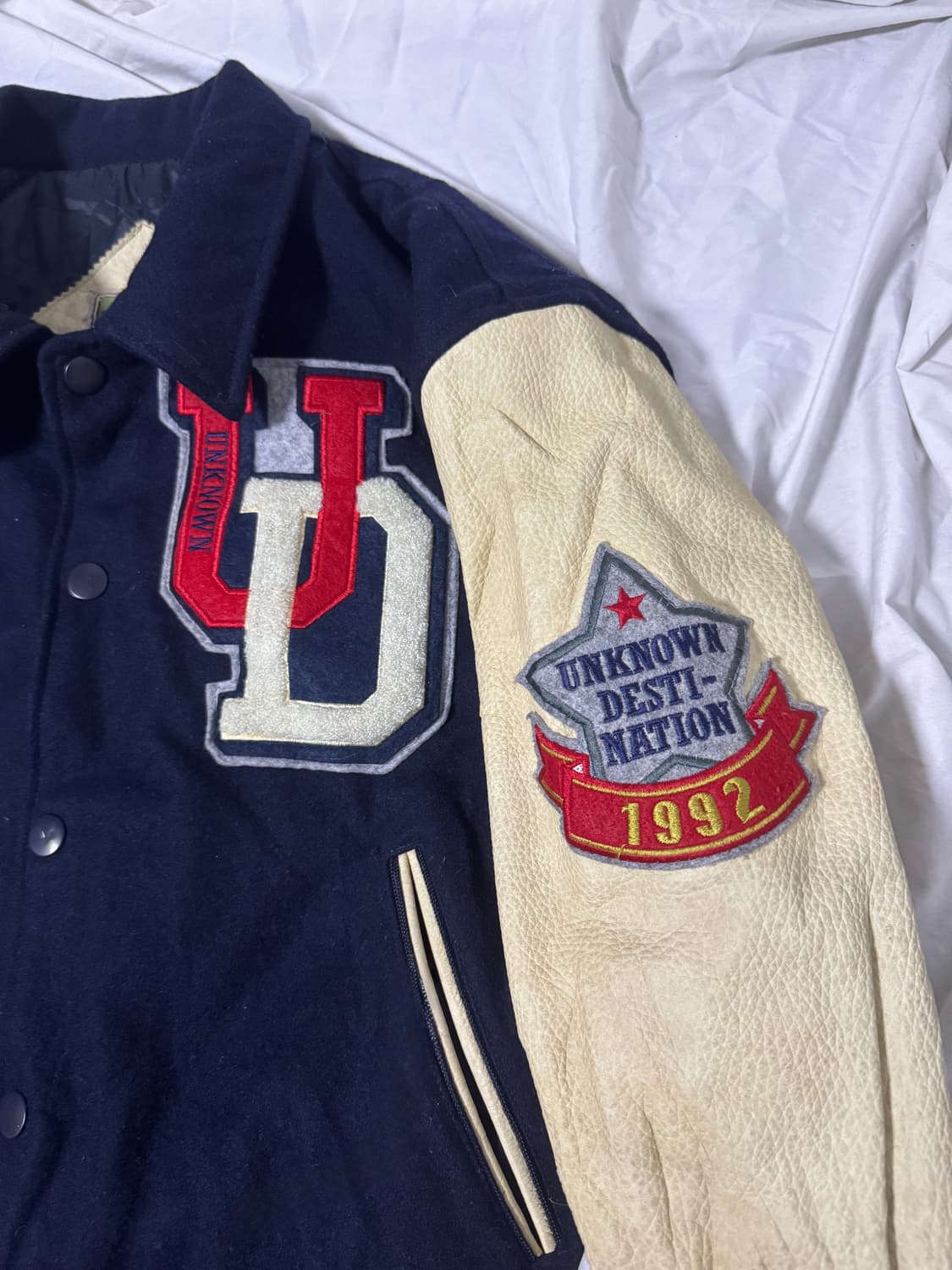 빈티지 울 카우레더 바시티 자켓 unknown destination 상품이미지5