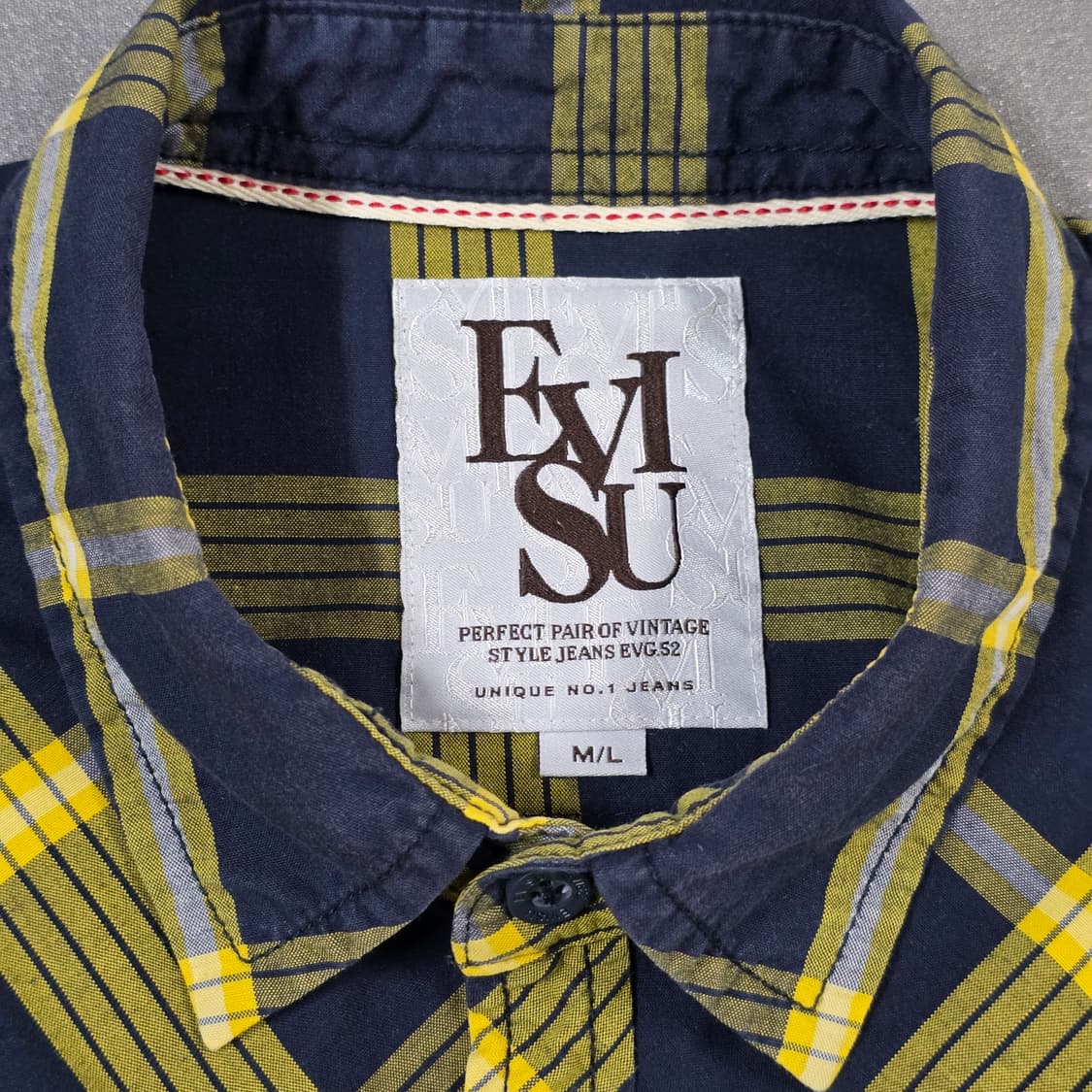 M/L 95 에비수 자수로고 네이비 옐로우 체크 셔츠 상품이미지5