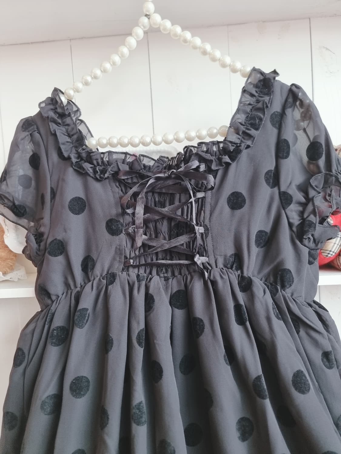 Tralala (트랄라) 블랙 플로킹 도트 리본 원피스 상품이미지7