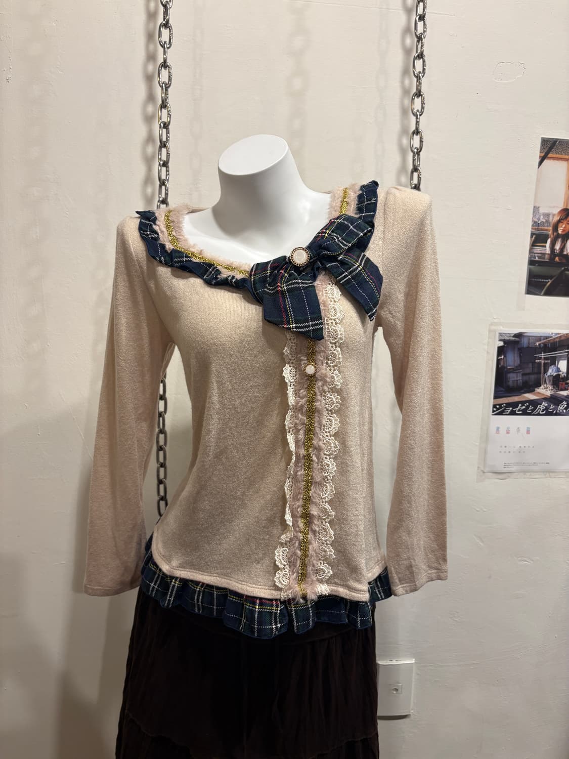 axes femme 엑시즈팜 퍼 체크리본 아이보리 니트 롱슬리브  상품이미지1