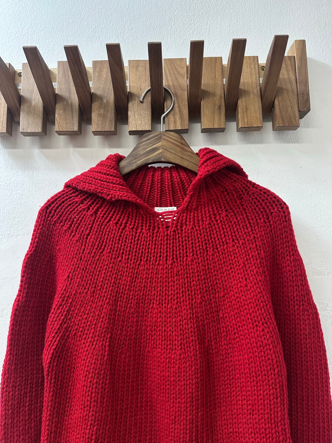 일본빈티지 OLIVE des OLIVE레드 울100% 니트 후드 풀오버 상품이미지3