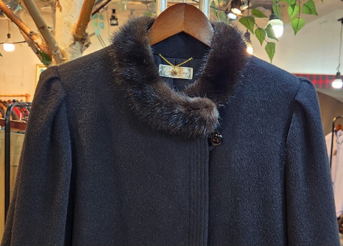 일본 도톰한 친칠라 울 블렌드 리얼 밍크 퍼 블랙 롱 빈티지 코트 상품이미지4