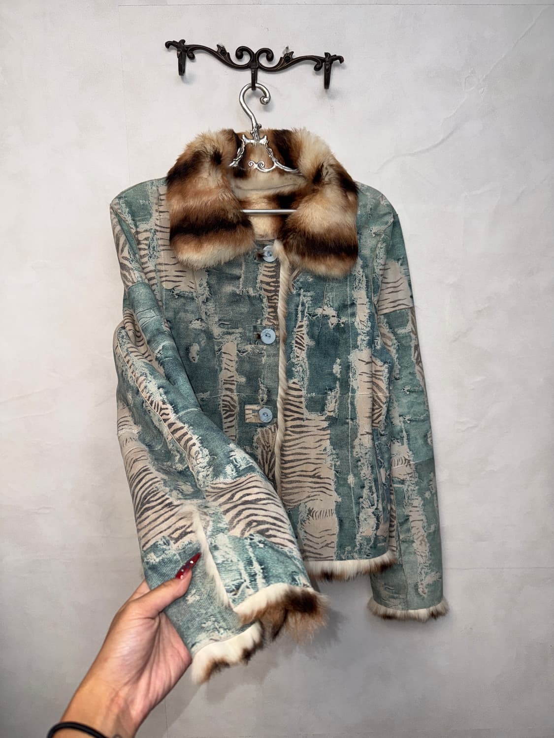 Washing blue denim zebra rabbit fur 무스탕 상품이미지2
