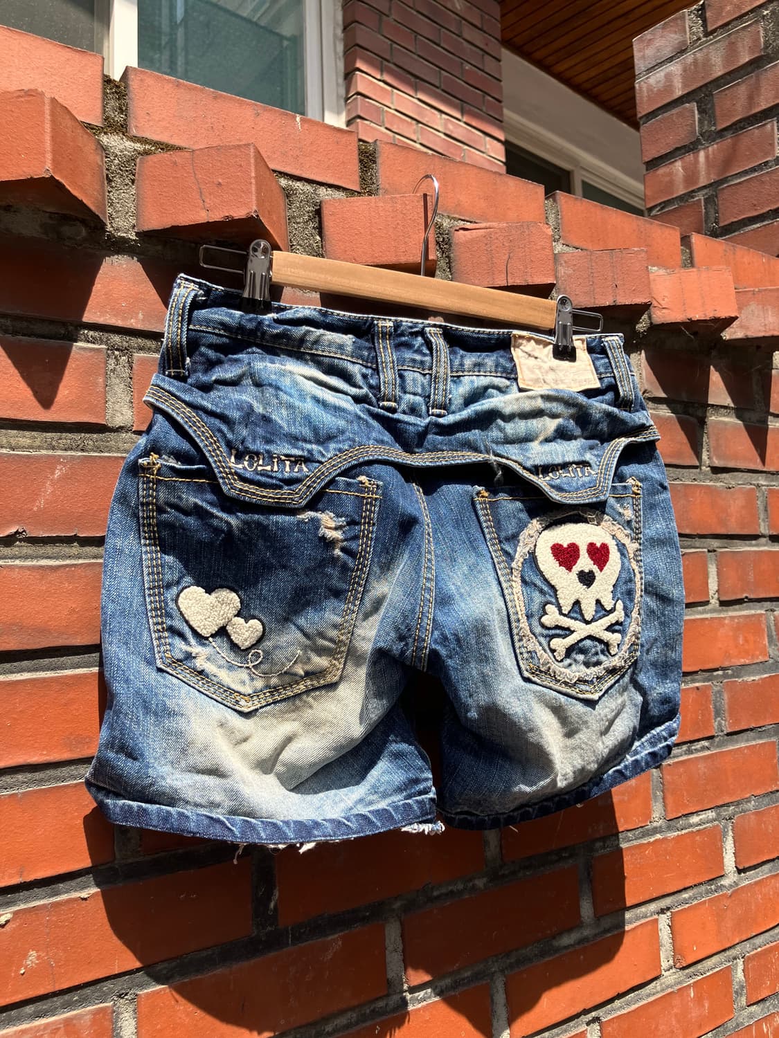Lolita Jeans 해골 패치워크 디스트로이드 진 반바지 28 상품이미지6