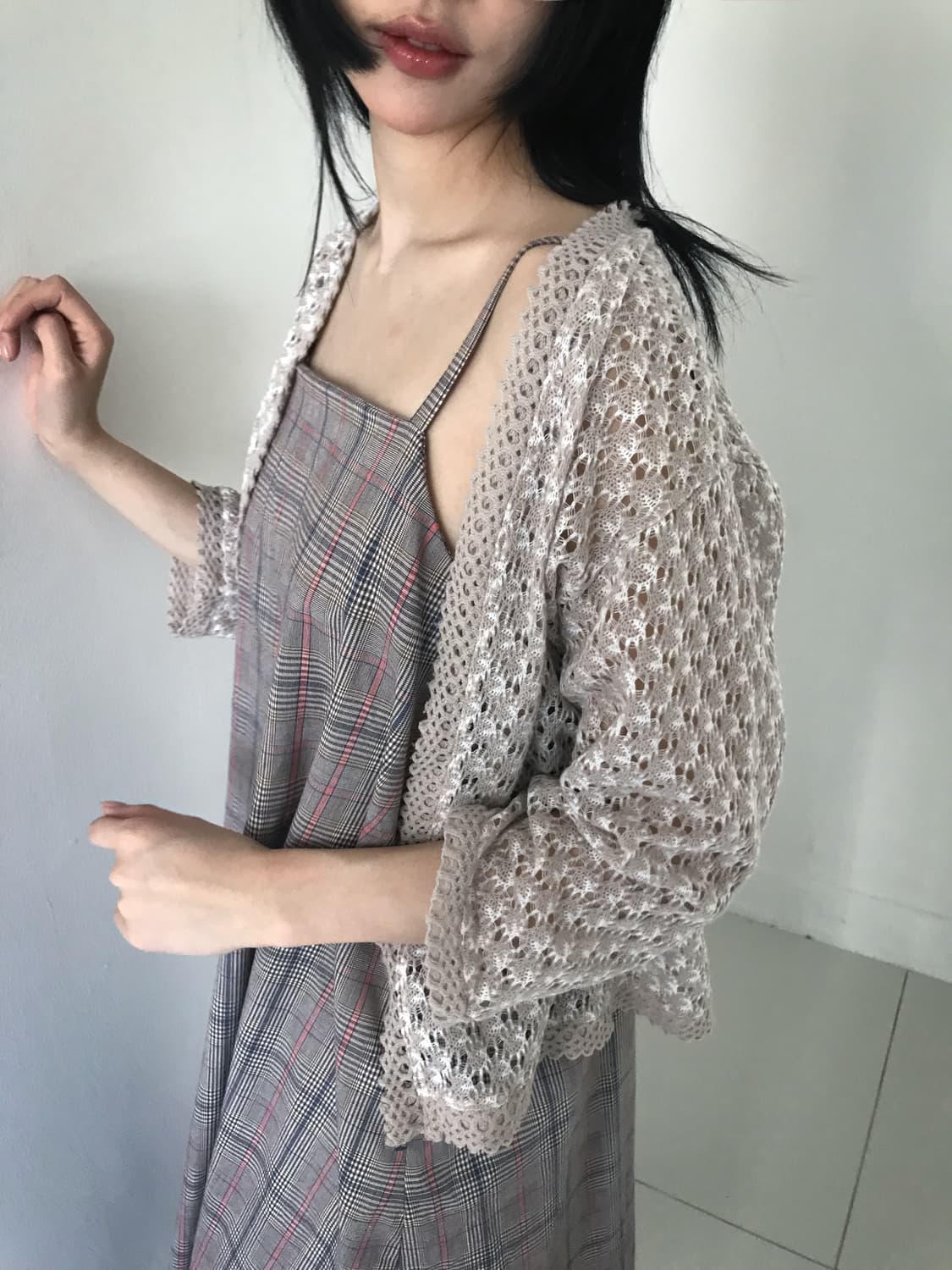 Back Ribbon Check Slip Dress 상품이미지6