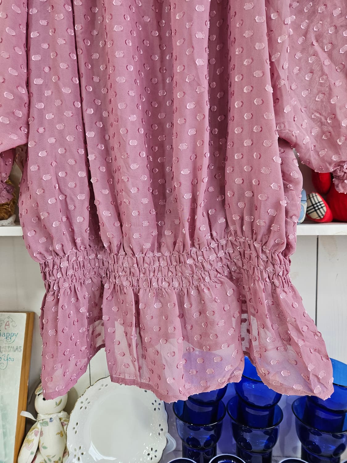 도트 쉬폰 스모크 롱핏 블라우스 상품이미지5