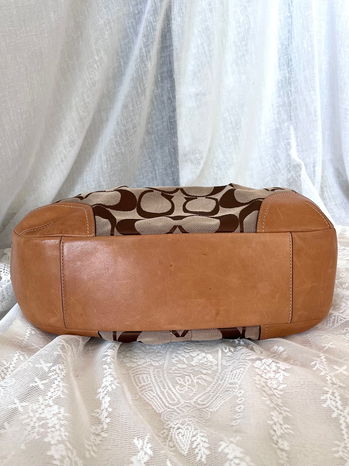 90s coach 카라멜 브라운 시그니처 자카드 레더 호보백 숄더백 상품이미지5