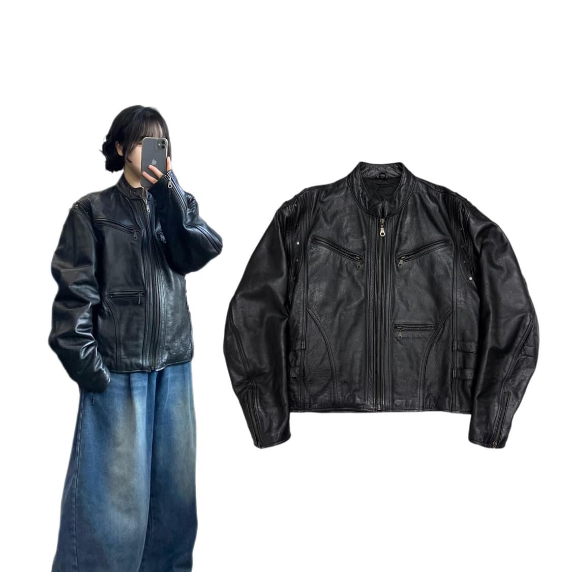 바이커 리얼레더 멀티지퍼 레이싱 가죽자켓 상품이미지1