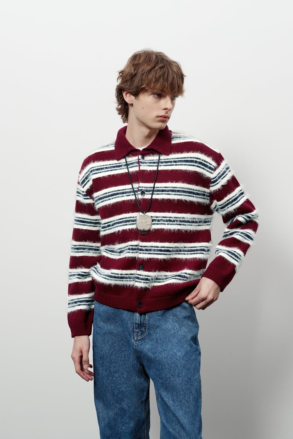 STU 플러피 스트라이프 가디건 버건디 M 상품이미지2