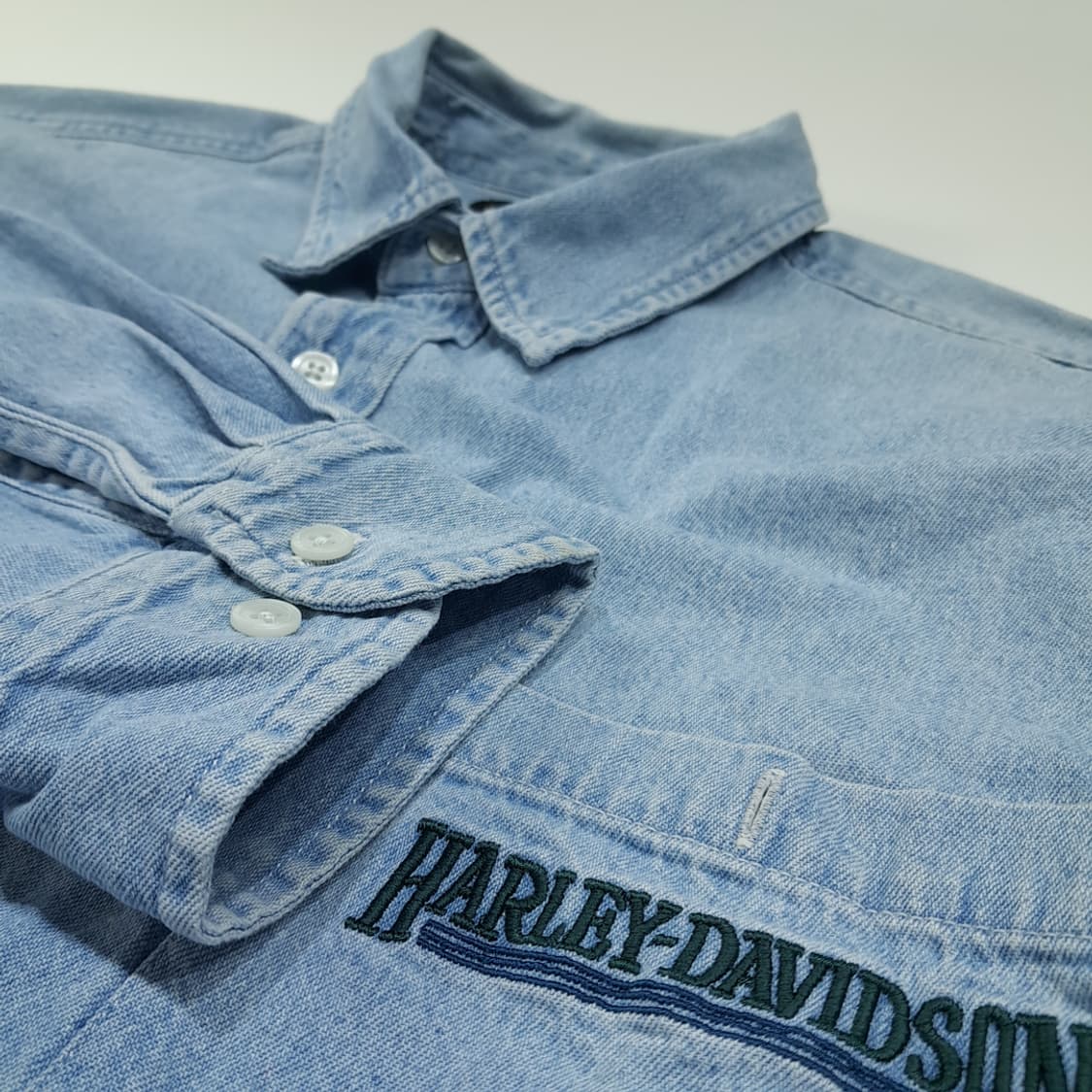 CL391 XL 할리데이비슨 00s 홍콩판 코튼 로고자수 데님셔츠 상품이미지4