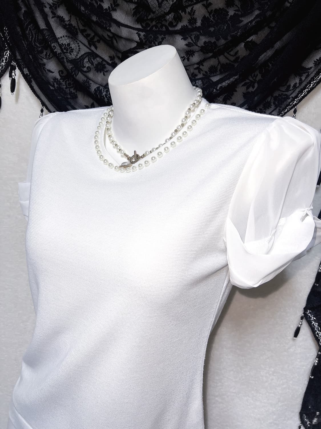 로맨틱갸루 히메 페미닌 진주 화이트 퍼프리본 반팔 로걀탑 핀터 러블리 상품이미지5