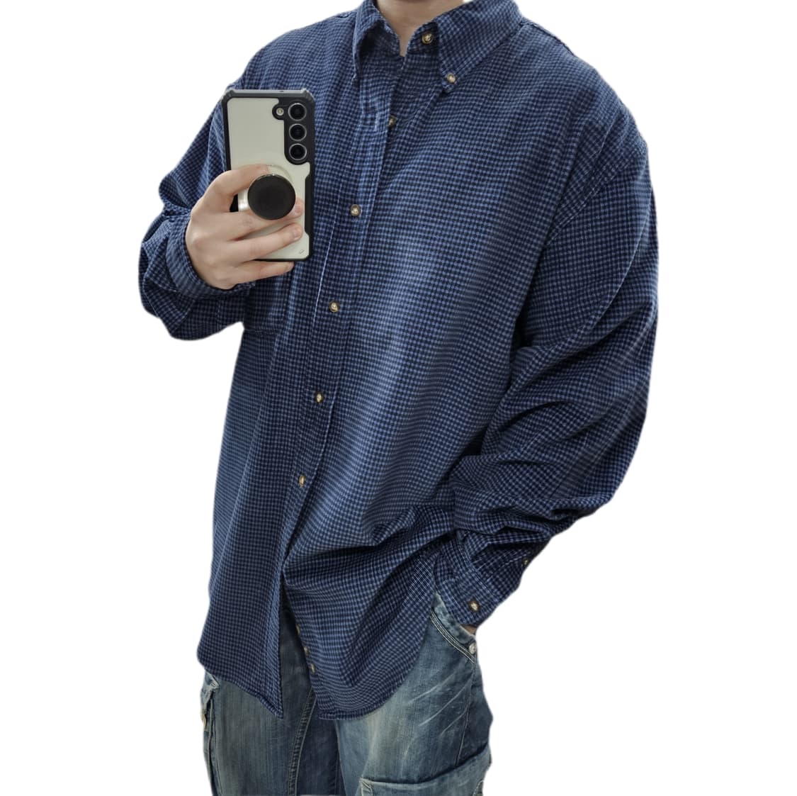 에디바우어 오버핏 네이비 체크 코듀로이 셔츠 상품이미지1