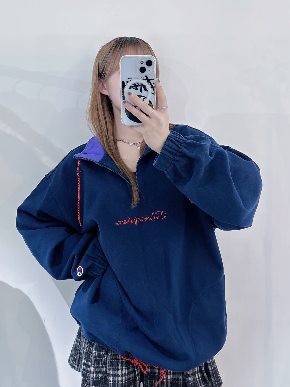 챔피언 네이비 스펠로고 코튼 반집업 상품이미지1