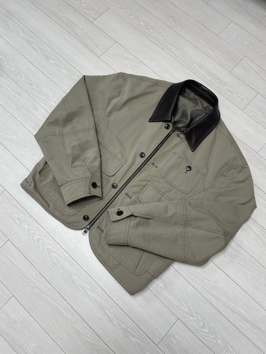 엘무드 클레버 레더 컴바인 블루종 자켓 카키 상품이미지1