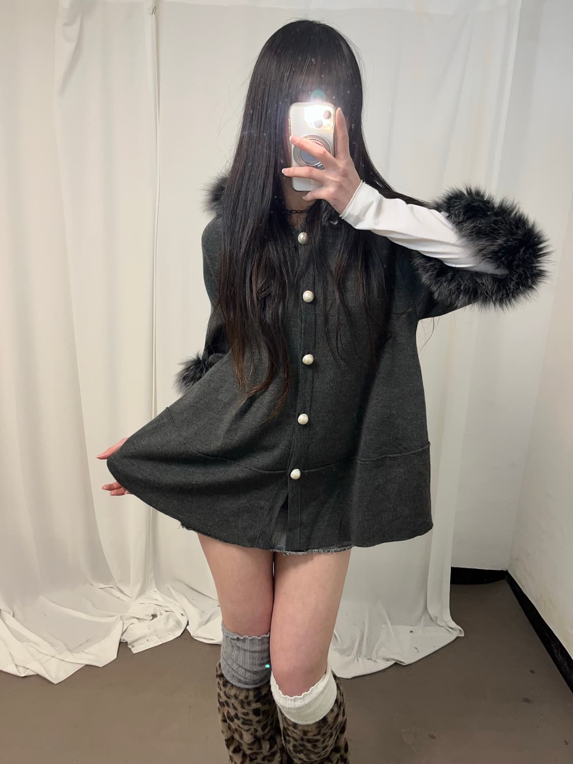 갸루st 울프죠 그레이 후드 판쵸 가디건 상품이미지3