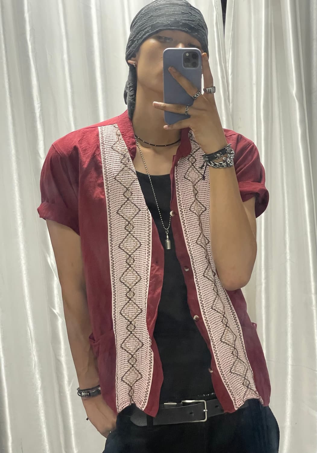 Burgundy embroidered short-sleeved shirt 상품이미지2