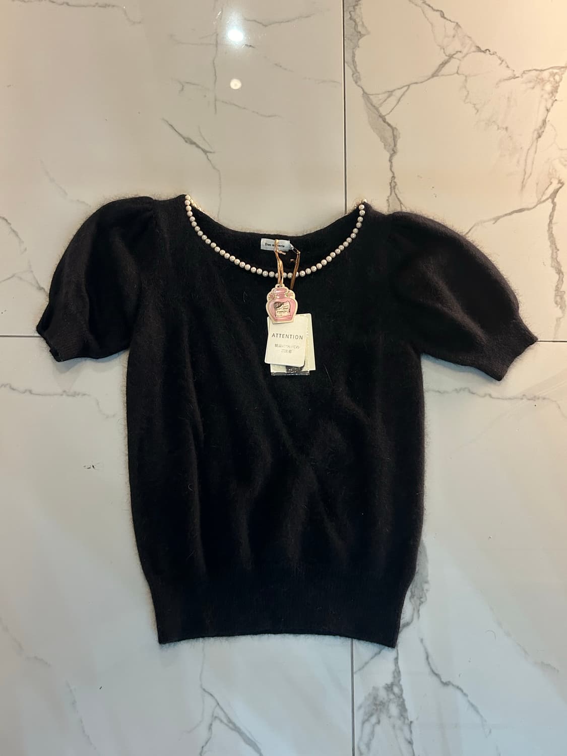 갸루 러블리 진주넥 리본 반팔 블랙 니트 상품이미지2