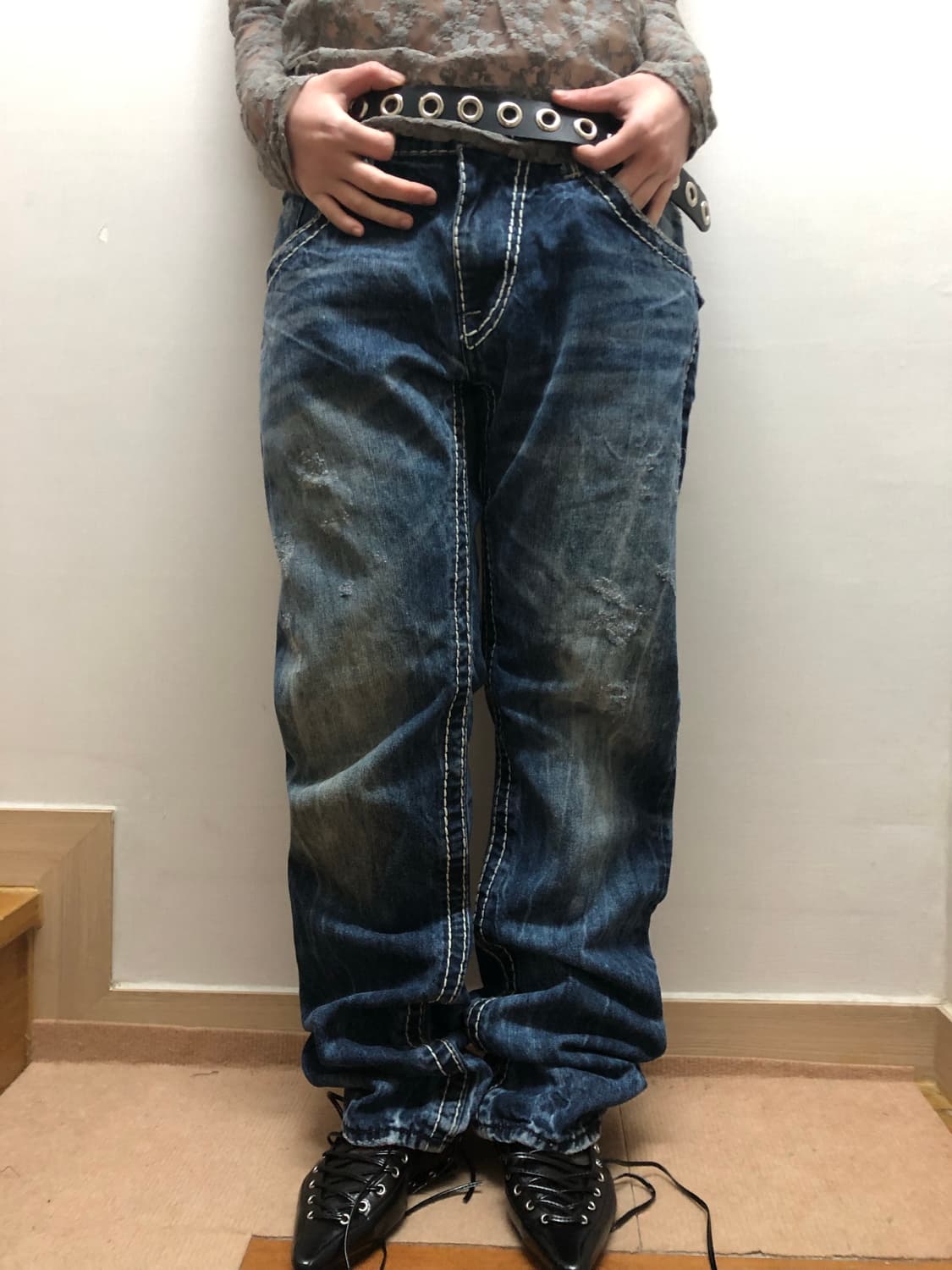 빈티지 버커루 화이트 스티치 데님 팬츠 상품이미지9