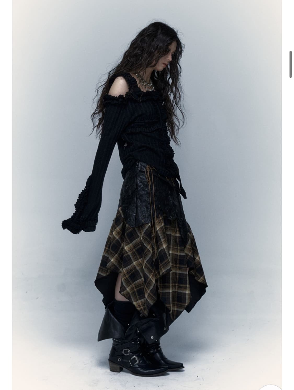 NOROMANCE 펑크 레더 체크 스커트 상품이미지3
