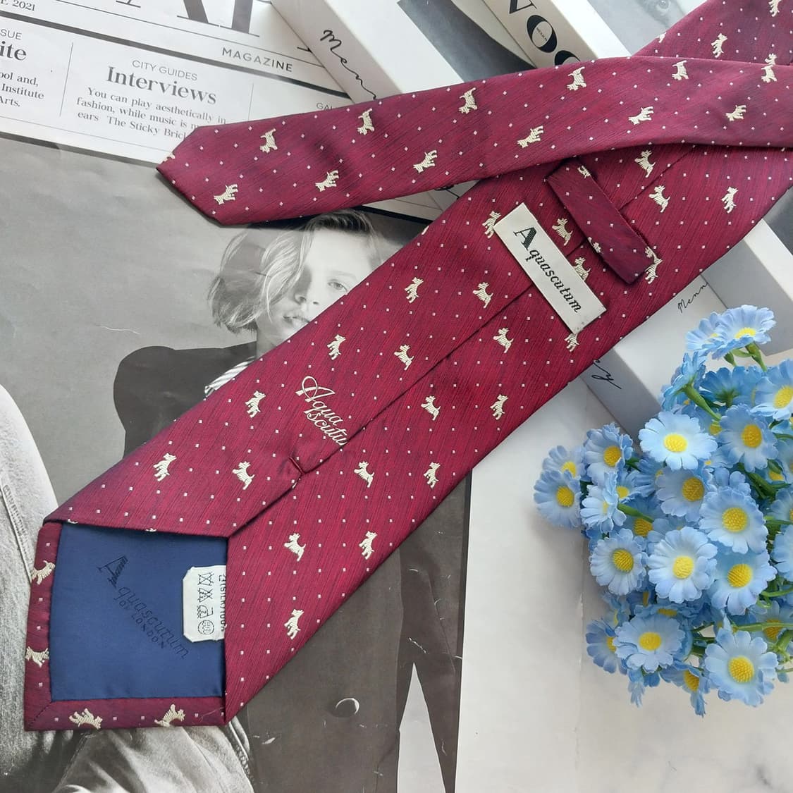 아쿠아스큐텀  와인 강아지 자수 패턴 넥타이 9.4cm A+등급 K270 상품이미지5