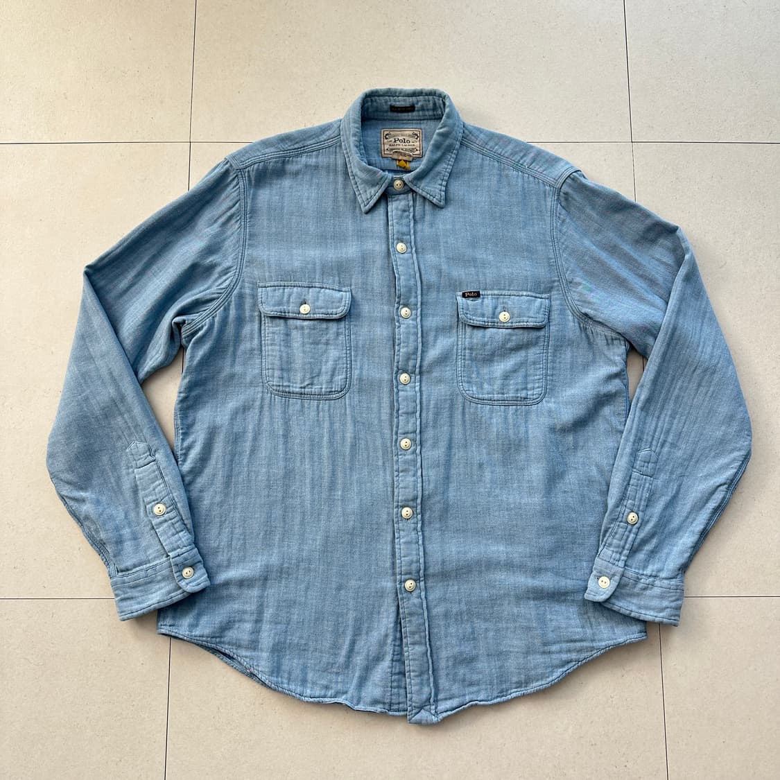 폴로 랄프로렌 클래식핏 인디고 샴브레이 이중구조 셔츠 L QR인증  상품이미지1
