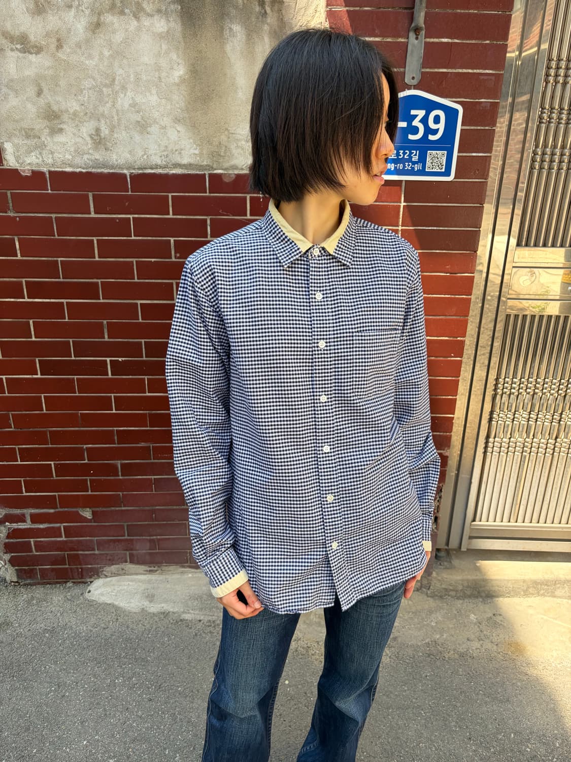 Beams 카라 배색 포인트 체크 코튼 셔츠 L 상품이미지1
