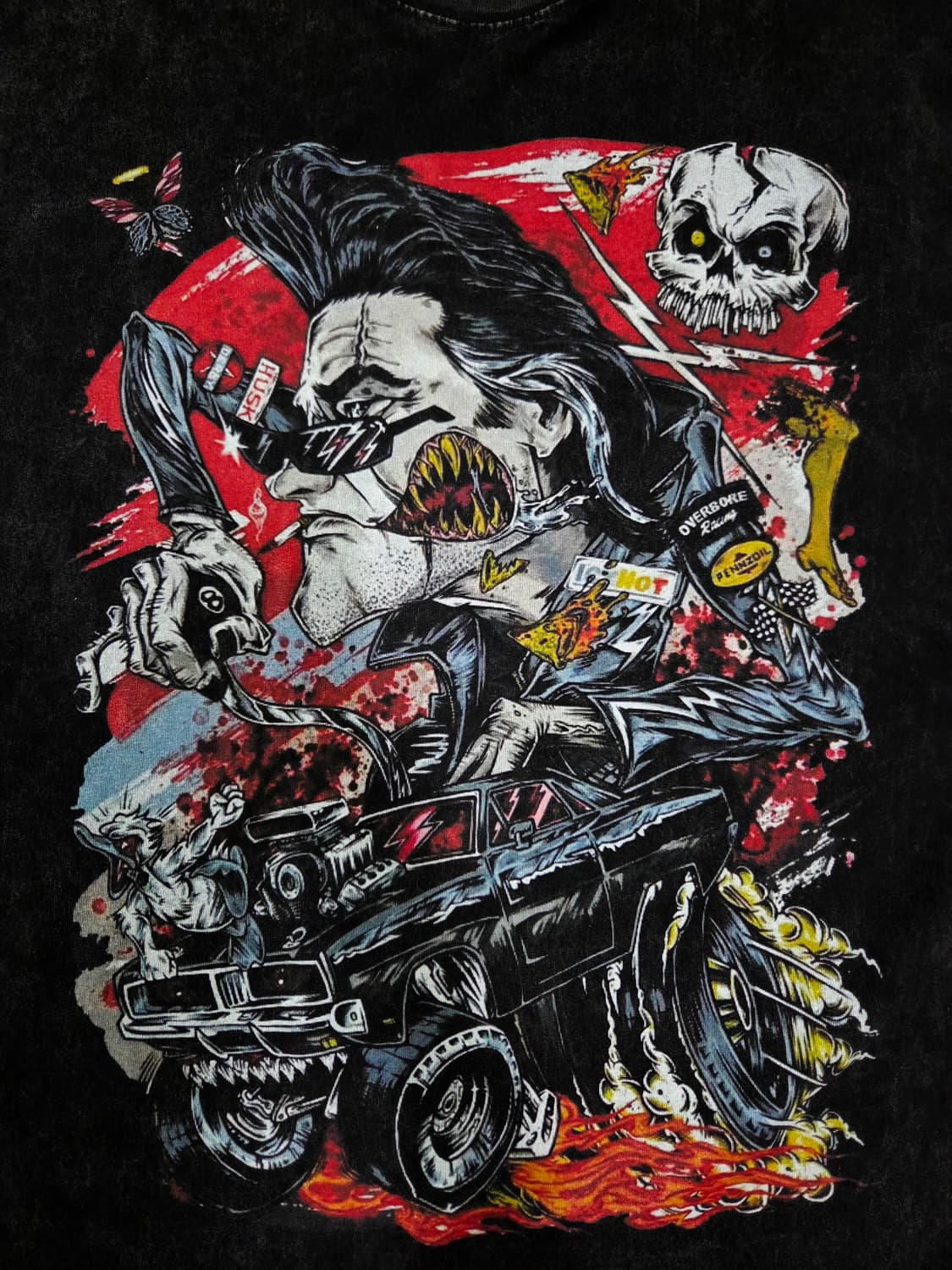 LIANGXILIN 블랙 원워싱 프린트 라운드 티셔츠 상품이미지3