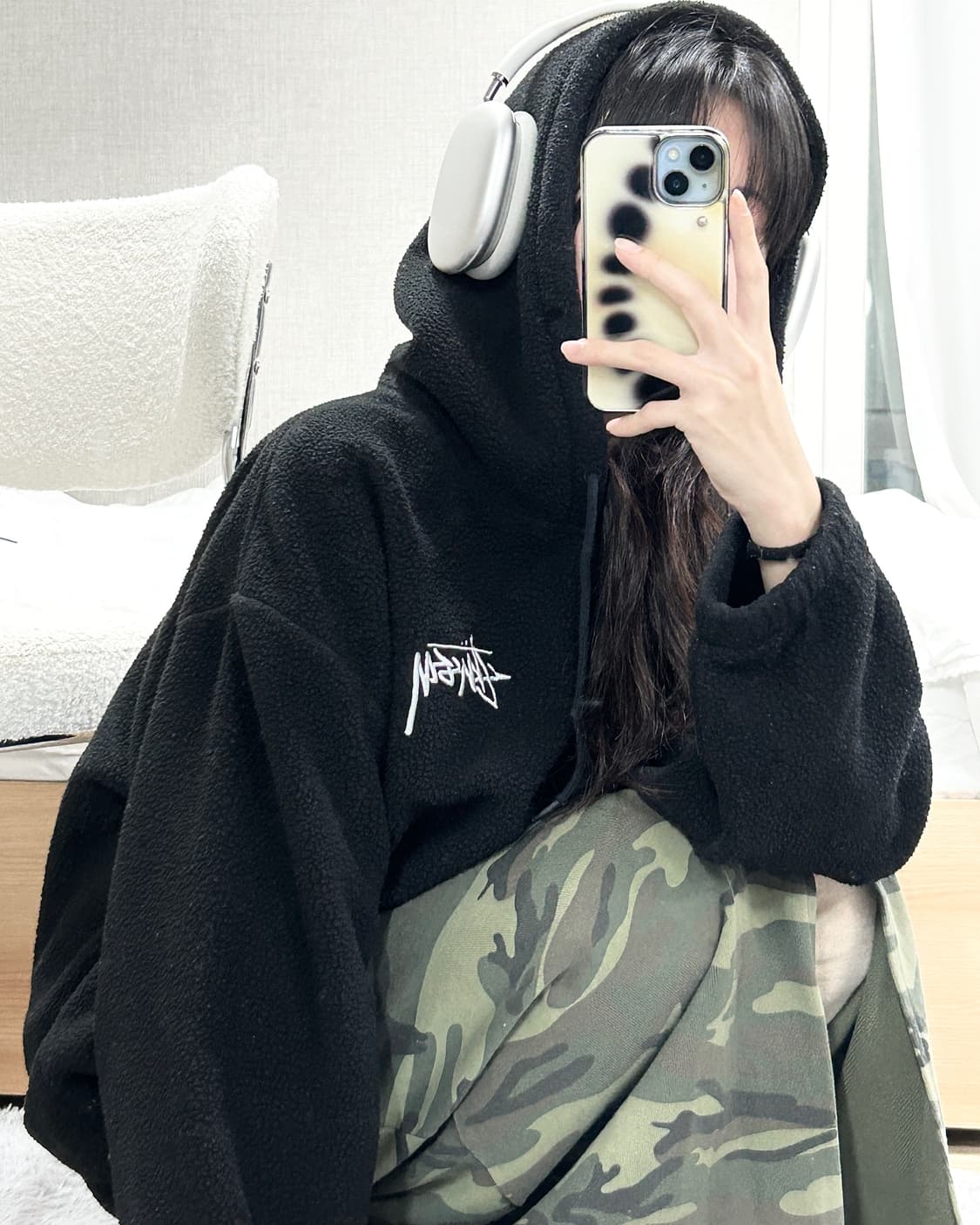 스투시 자수로고 브론슨 블랙 후리스 후드 상품이미지1