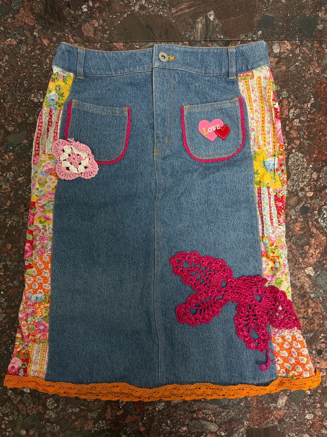 메조피아노 패치워크 데님 롱 스커트 상품이미지2