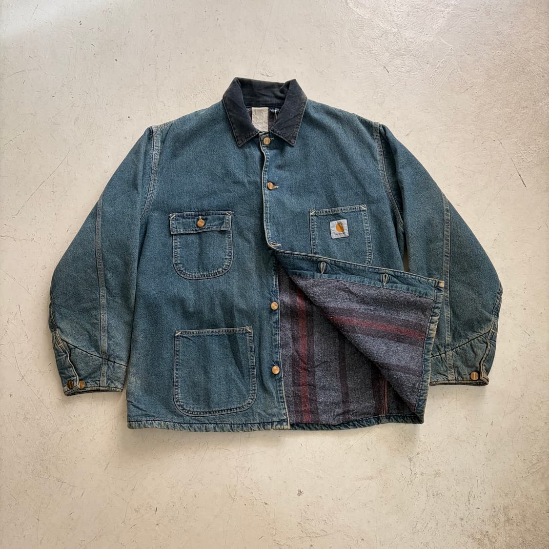 80s USA 칼하트 빈티지 블랭킷 데님 초어자켓 L 상품이미지7