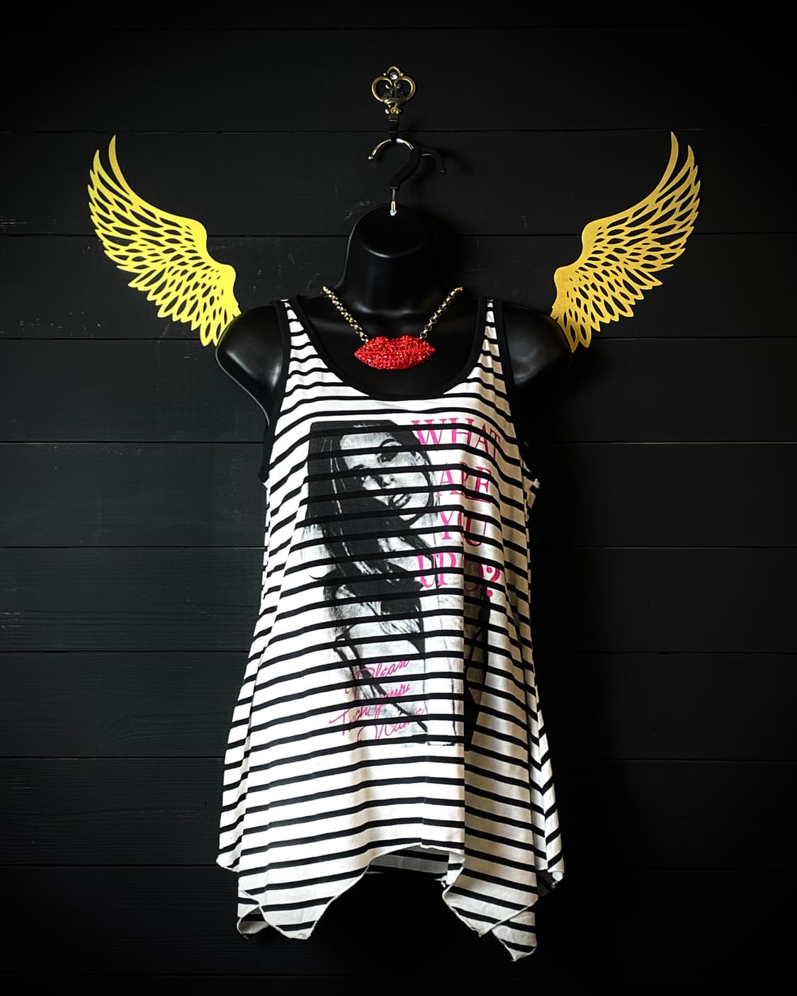 JPN 갸루 스트라이프 줄무늬 플레어 슬리브리스 나시 탑 상품이미지1