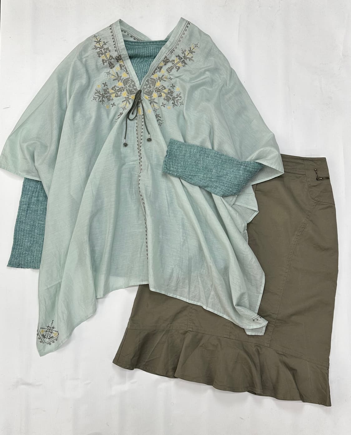 🩵하구미의 에스닉 민트맛 코디세트🩵 레이어드 케이프 그런지 미디스커트 상품이미지2