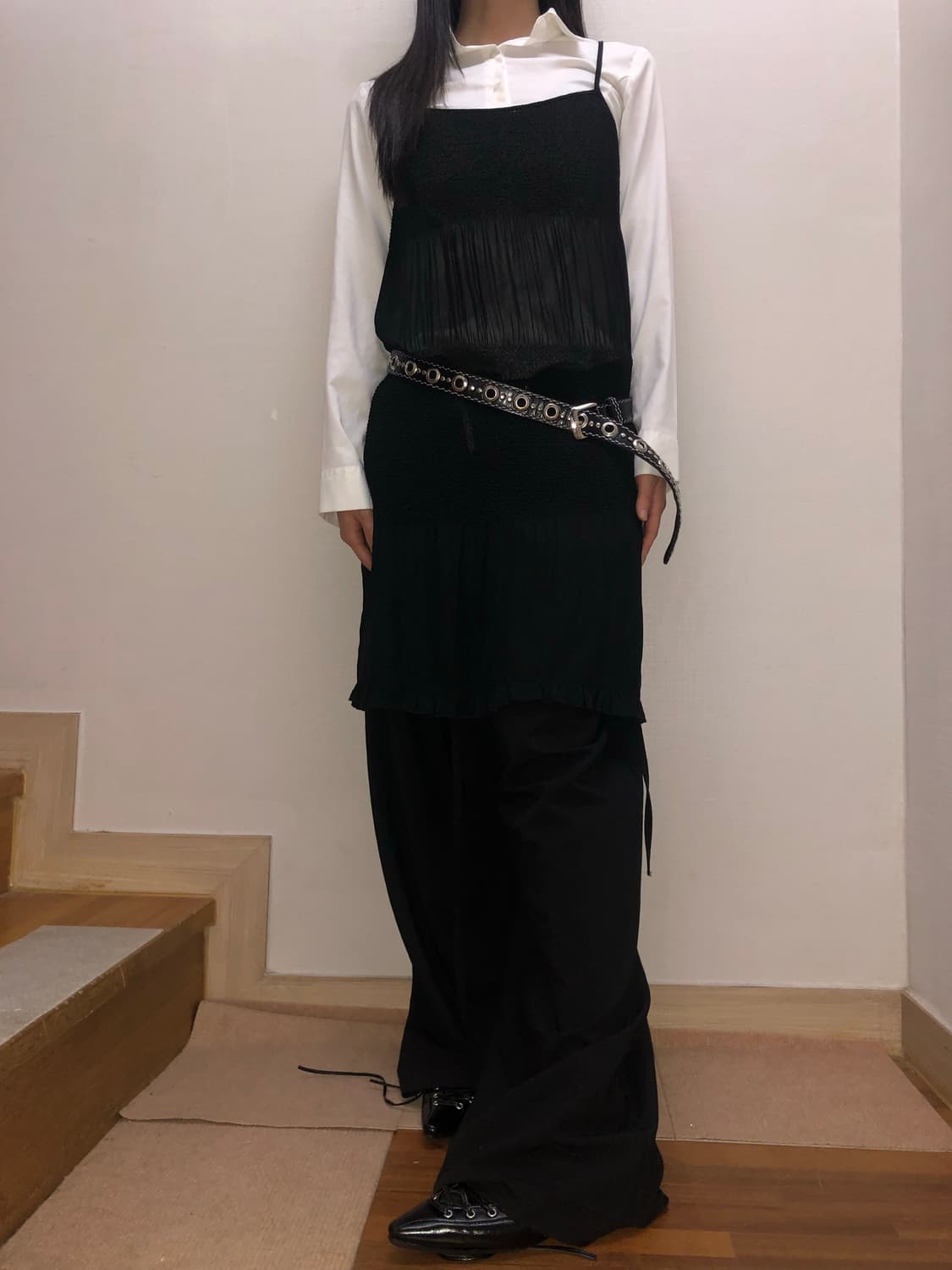 빈티지 블랙 시스루 플리츠 원피스 상품이미지2