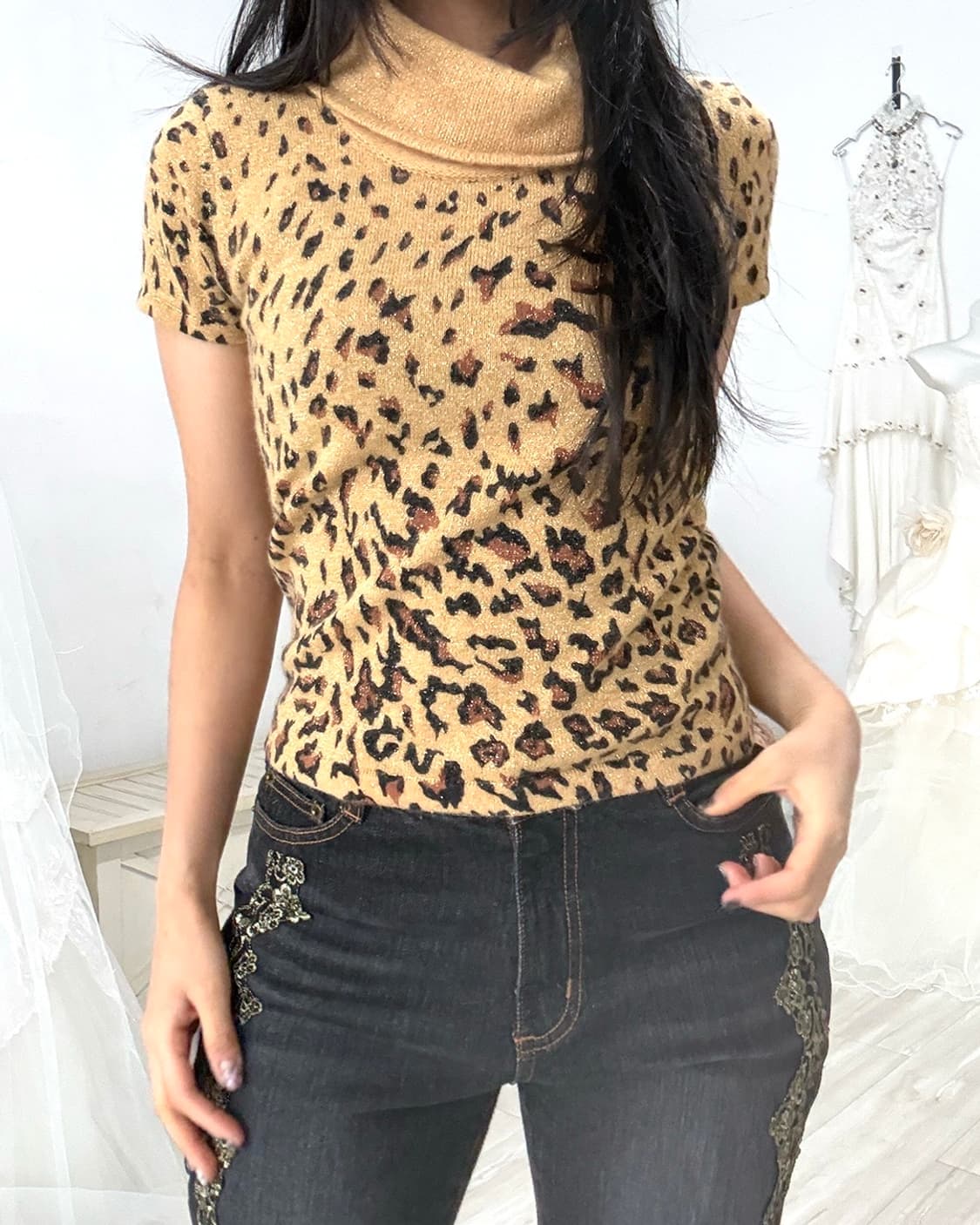 Leopard Turtleneck Short-Sleeve Knit Top 상품이미지4