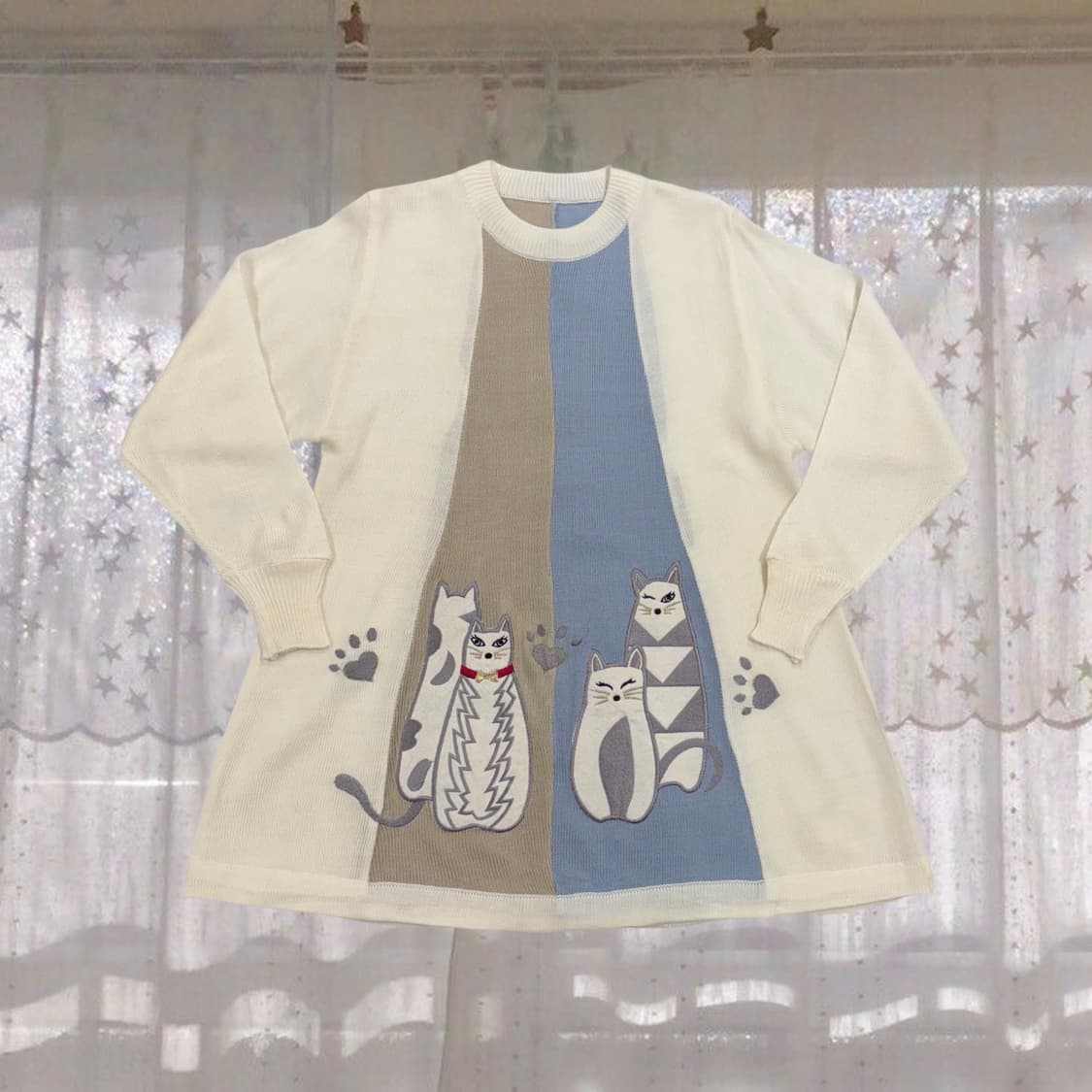 일본 빈티지 고양이 자수 패치 배색 니트 모리걸 상품이미지1