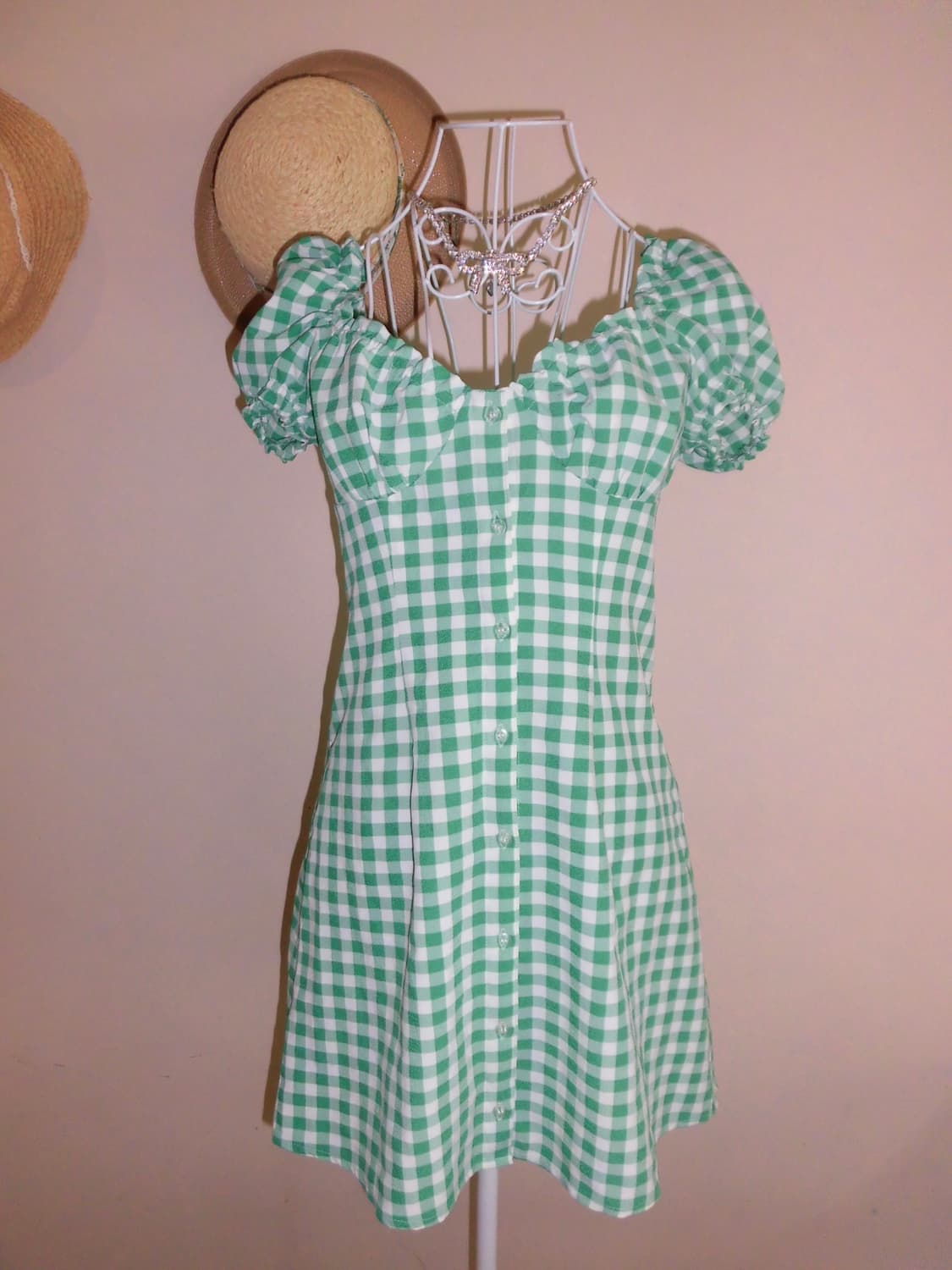 H&M 체크 그린 퍼프 미니 원피스 상품이미지2