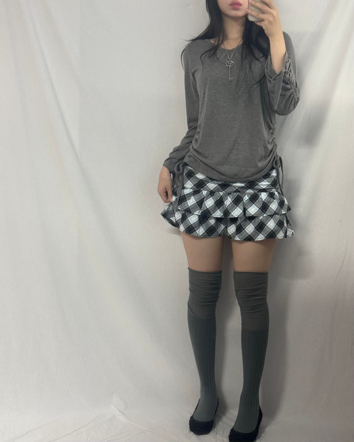 레이스 러플 셔링 탑 글리터 체크 스커트 3pcs SET 상품이미지6
