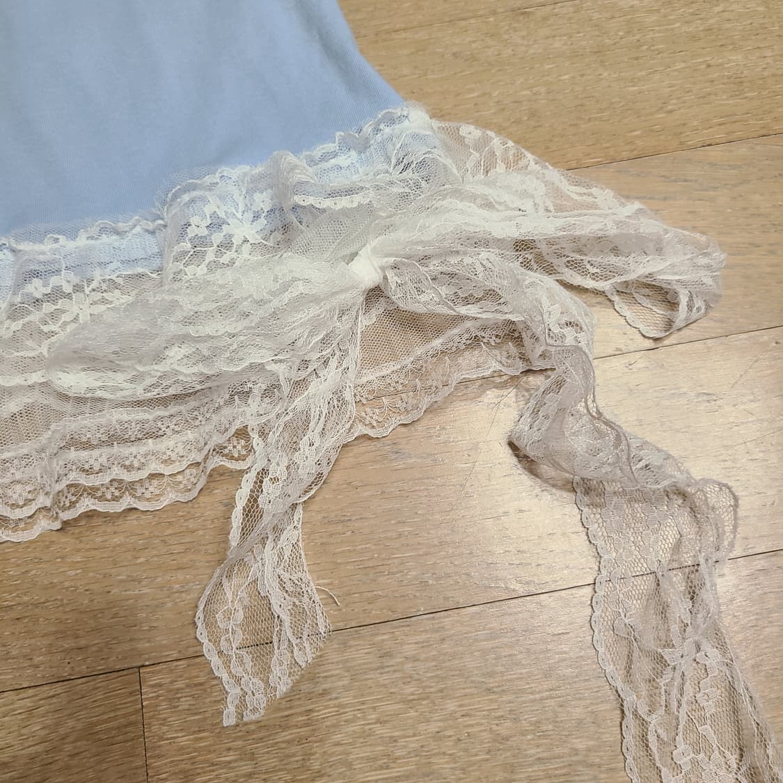 빈티지 발레코어 레이스 반팔 티셔츠 리본 갸루 레이어드 스카이 블루 하늘 상품이미지5