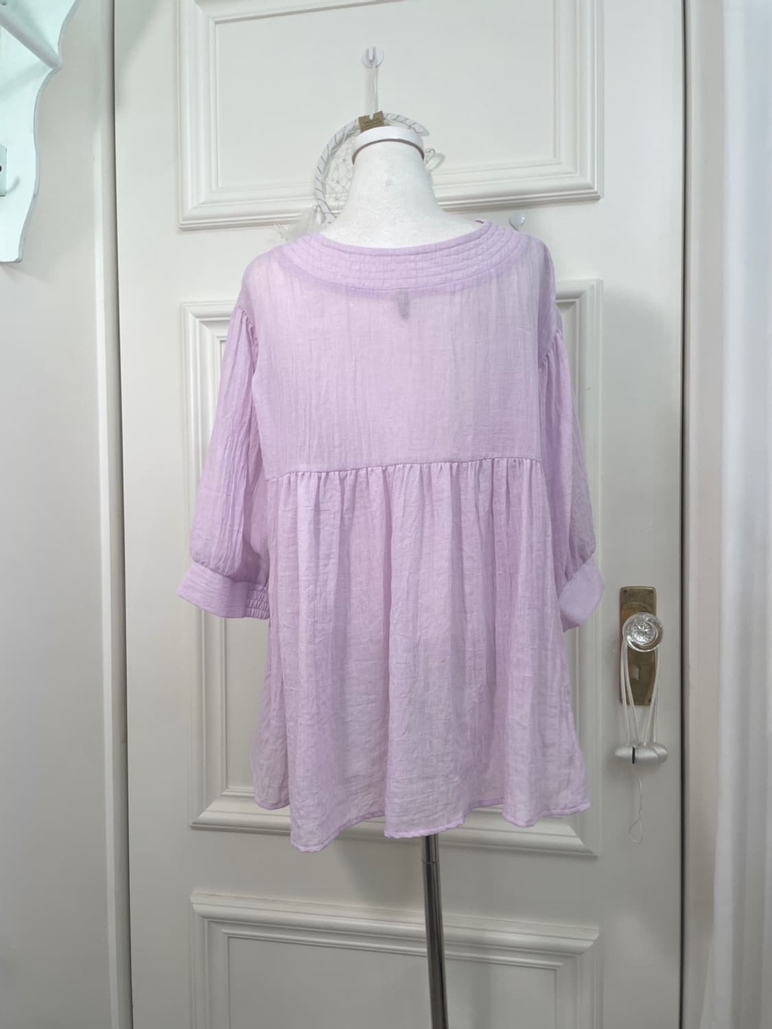 pink lavender cotton v-neck shirring ove 상품이미지3