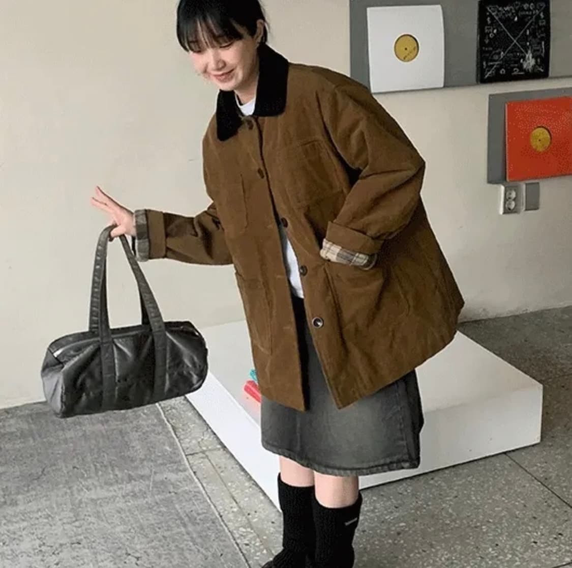 바온 싯코 배색 카라 코듀로이 하프 자켓 상품이미지1