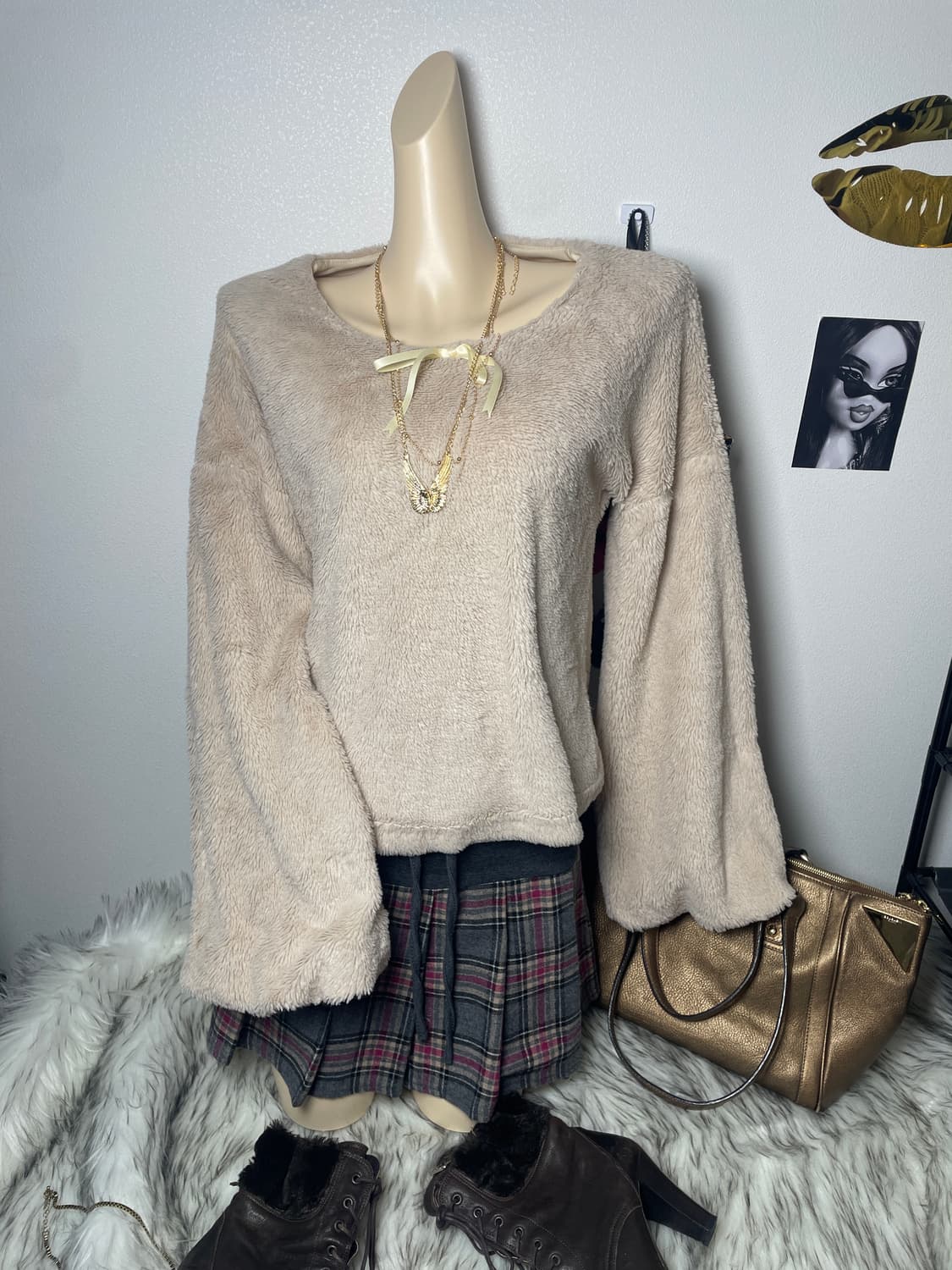 빈티지 벌룬핏 소매 퍼 리본 맨투맨 상품이미지1