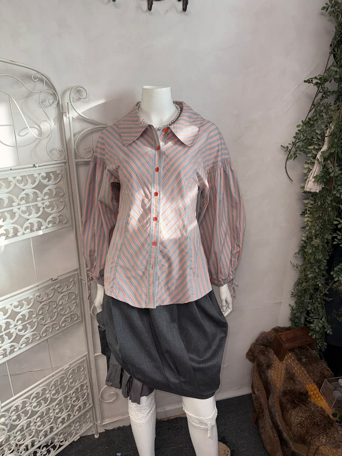 Orange gray stripe balloon puff blouse 상품이미지5