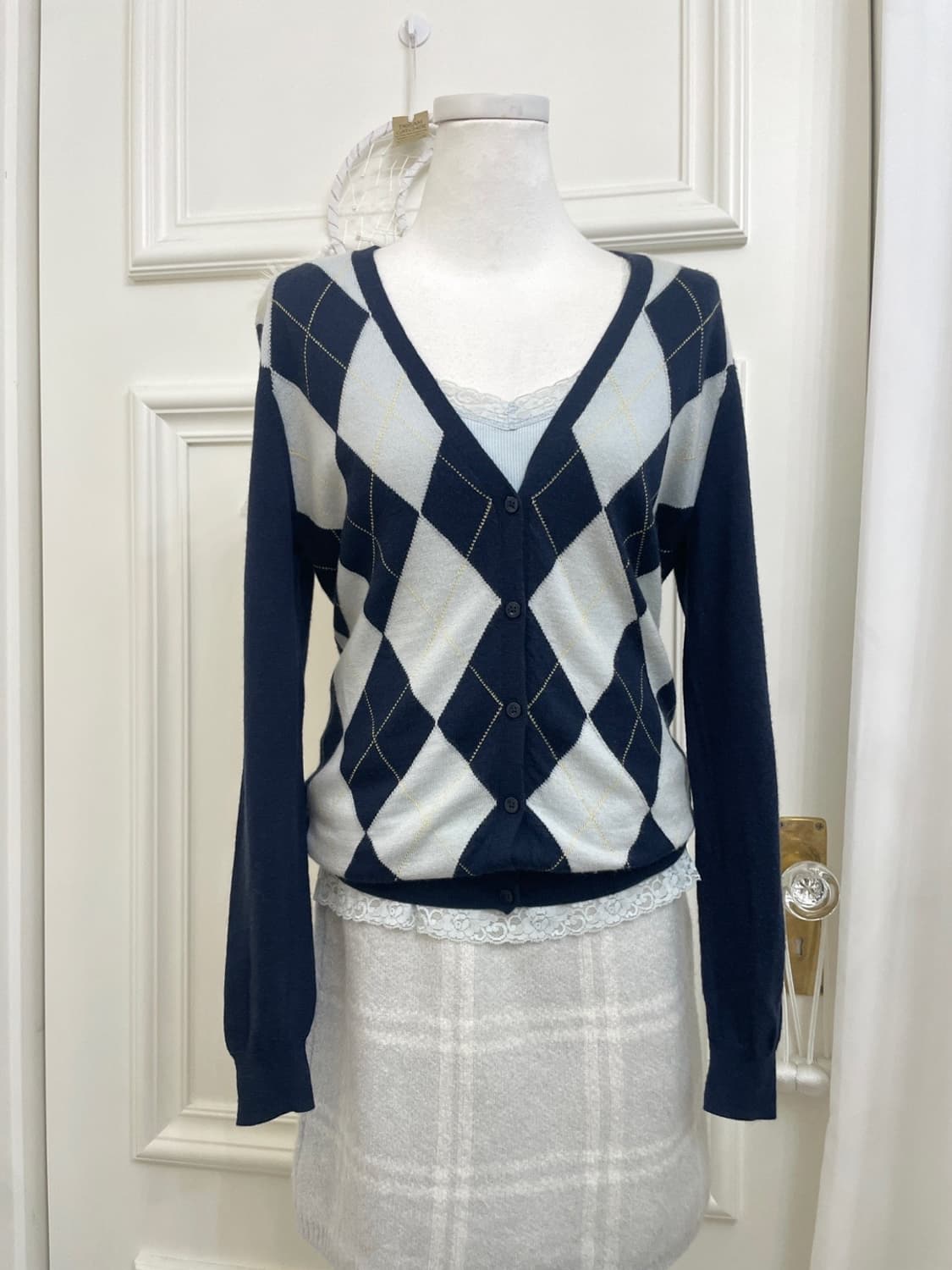navy-sky blue argyle basic wool cardigan 상품이미지4